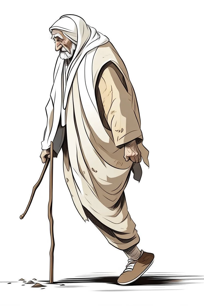 "Draw an old person wearing old traditional Arab clothes, hunched back, and walking with a cane."