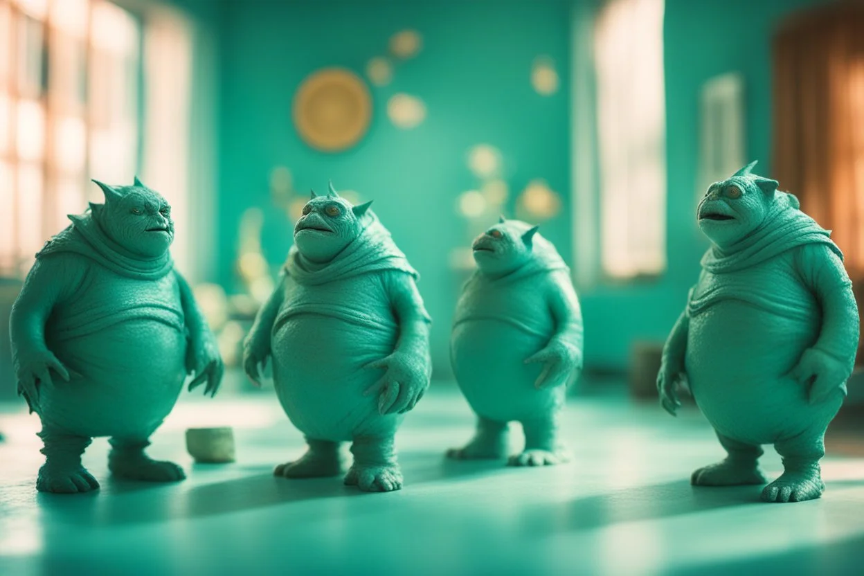 ugly Vogons in sunshine, in a turquoise room, ethereal, cinematic postprocessing, bokeh, dof