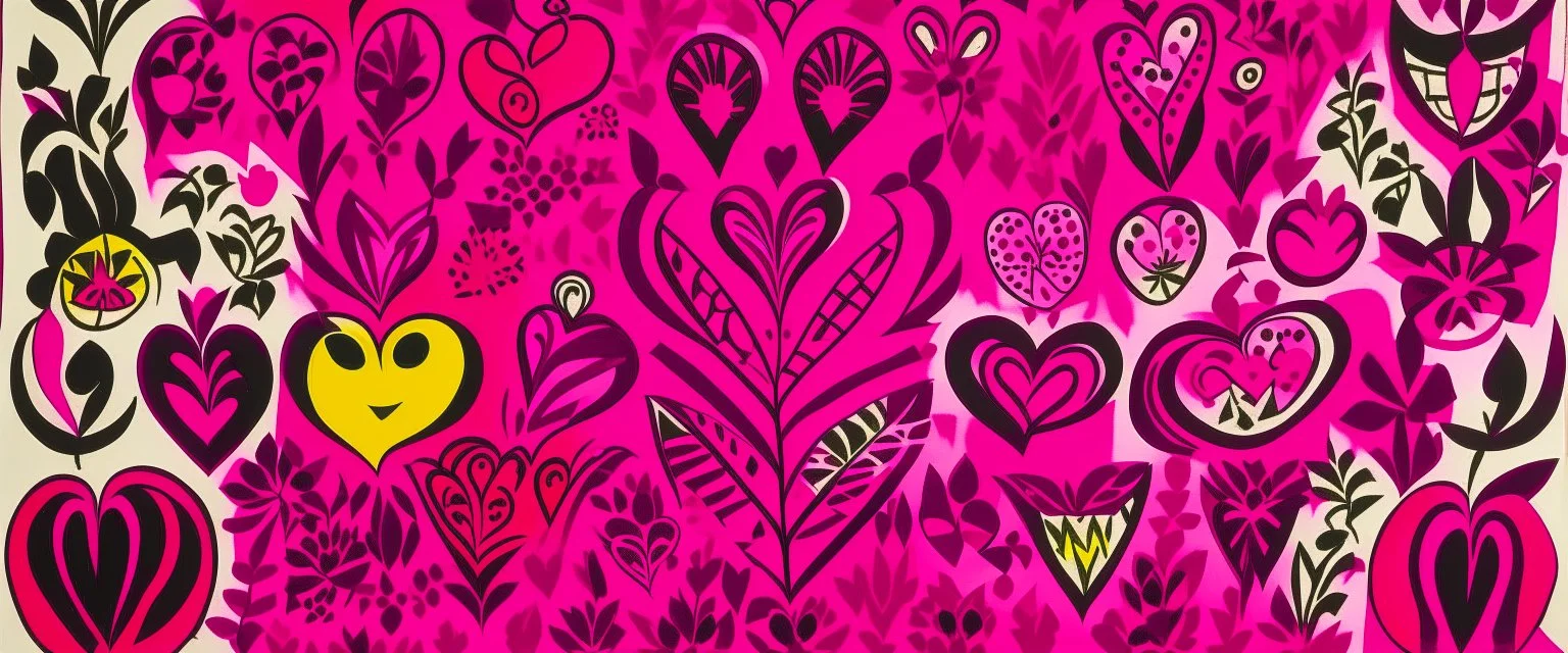 A magenta kingdom with hearts designed in African masks painted by Henri Matisse