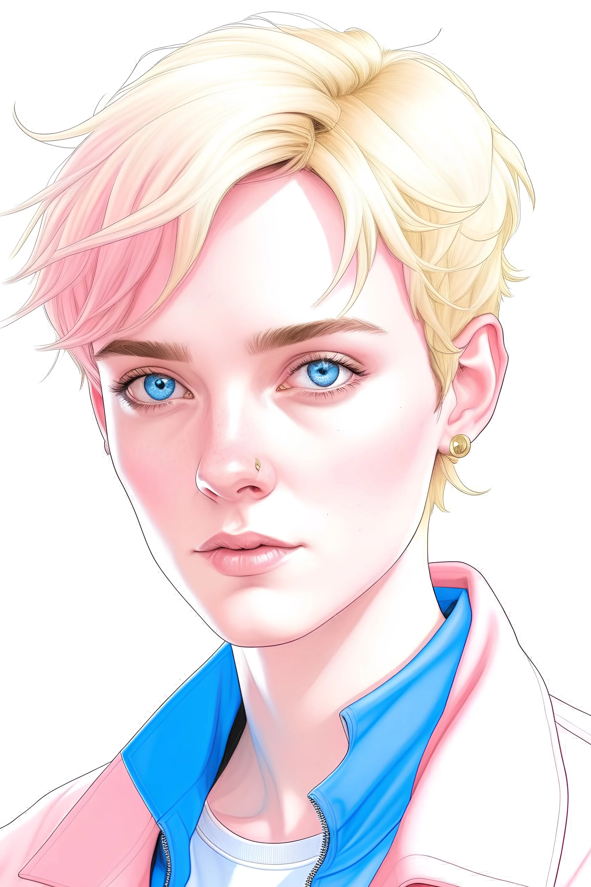 drawing of young adult with short blond hair, blue eyes, pink makeup, and pink outfit