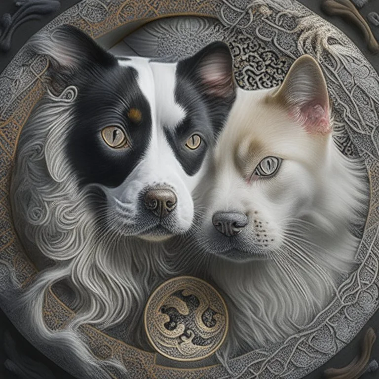 Cat and dog, yin-Yang, hyper detailed, realism, realism vibe, fractals, intricated details, hyper defined, photorealisticù