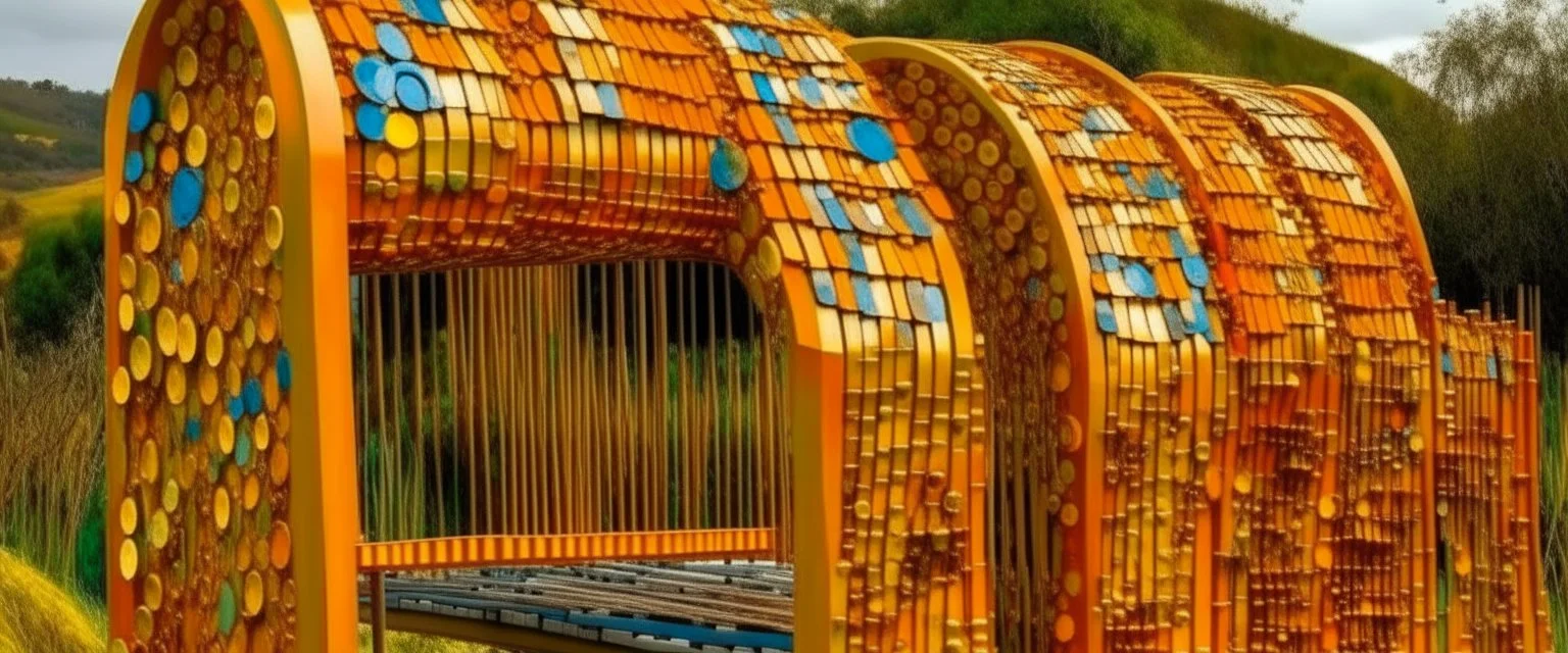 A golden orange colored bridge made out of xylophones designed in Moai statues painted by Gustav Klimt