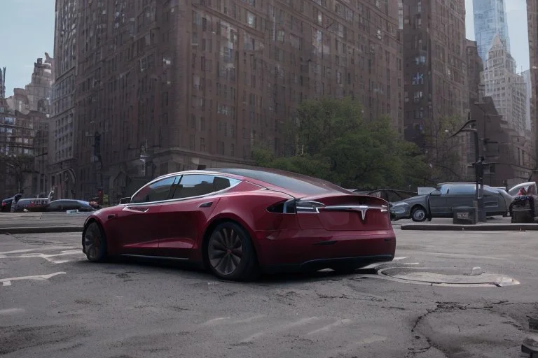 A Tesla 'Model S' is parked, near the Flatiron Building in Manhattan. (CINEMATIC, WIDE ANGLE LENS, PHOTO REAL)