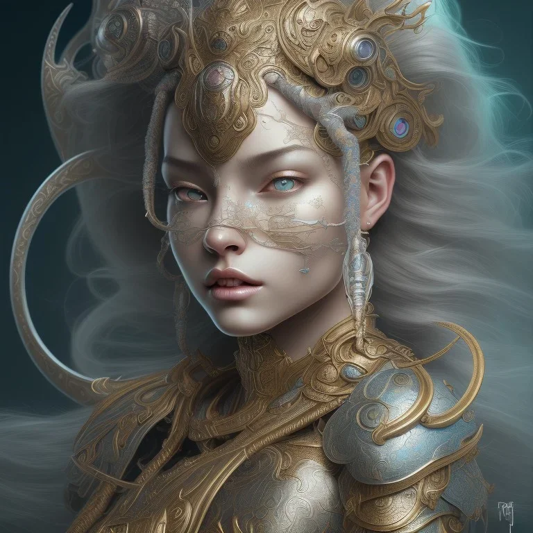 sango fantasy, fantasy magic, intricate, sharp focus, illustration, highly detailed, digital painting, concept art, matte, artgerm and paul lewin and kehinde wiley, masterpiece silver tiger head bronze Asian African girl nice breast Afo hair turquoise snow waves