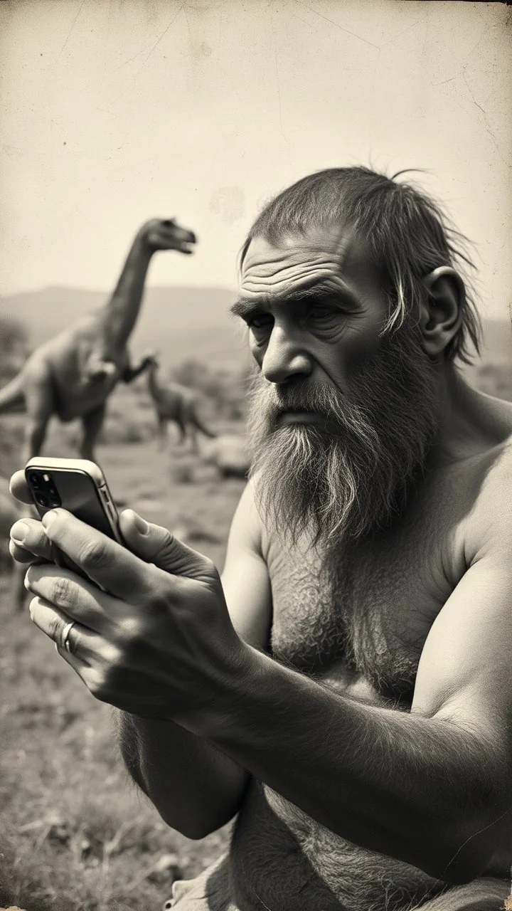 An old picture style of black and white mono very bad quality looks very old camera picture with cracks of a Neanderthal man holding an IPhone the year 1900 in the background from a distance dinosaurs