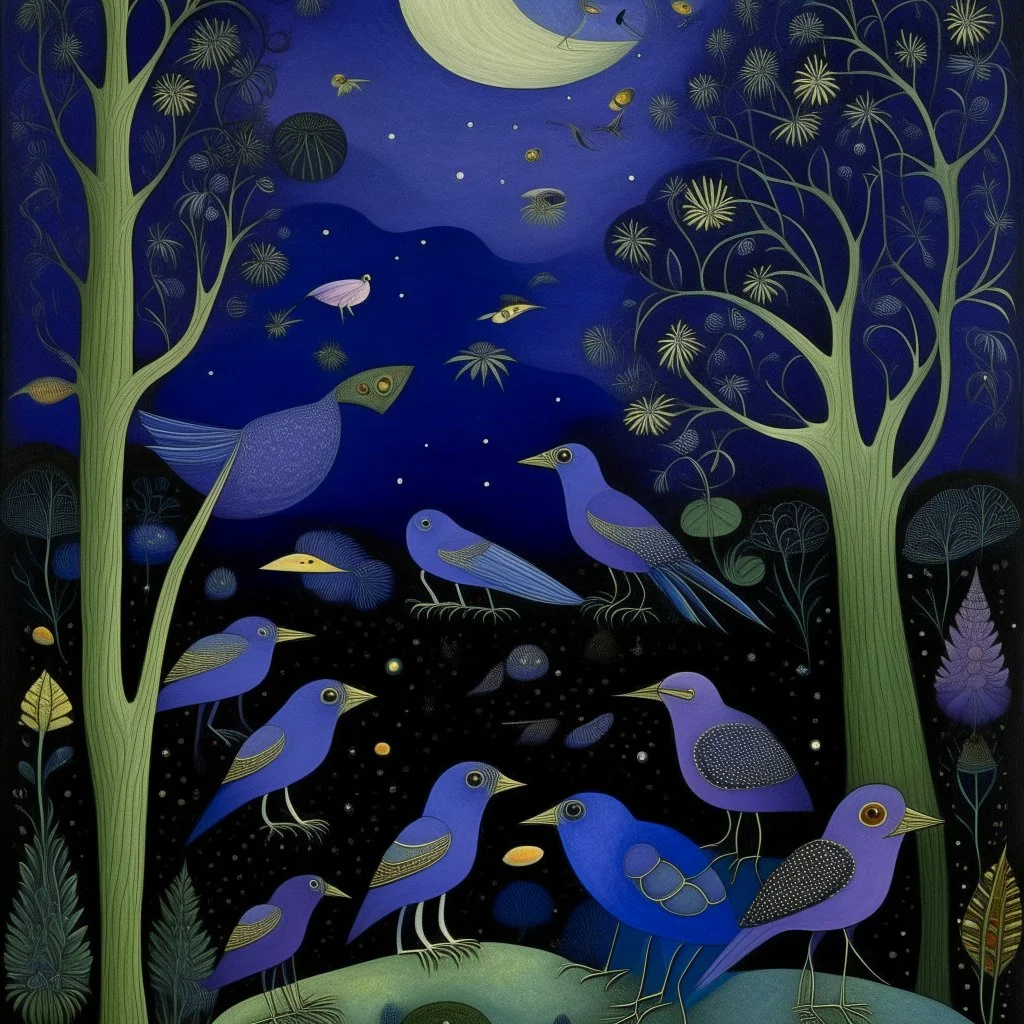 A violet outer space with alien birds designed in Heidrun manuscripts painted by Henri Rousseau