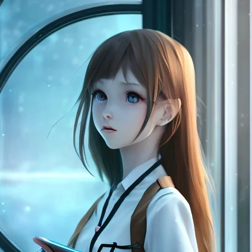 Anime girl studying in room, perfect face, window, nature, unreal engine 5, studio lighting --ar 2:1