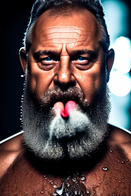 extreme close up photography, dirty burly chubby sicilian ugly strong 55 years old redneck man with the tongue out , full of splashing milk in the face dripping on the beard, with dirty tank top, emotional eyes, manly chest, photo, Canon EOS, lens 35mm, natural lights, 8K, in the morning -