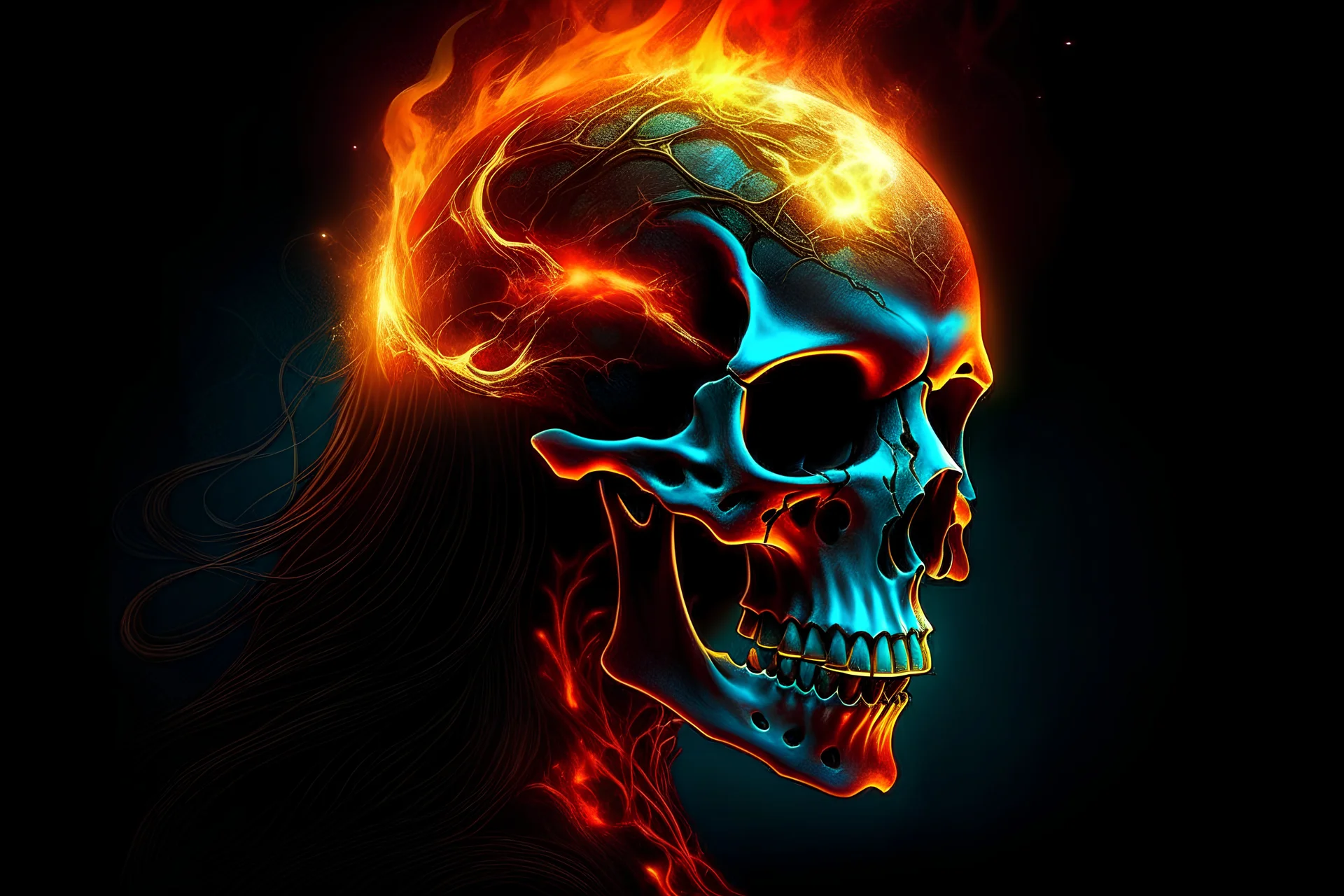fire iron-bronze-crystal head skull tattooed nature-witch girl with long hair and smoked background elemental flames lightning lights luminance colourful futuristic steampunk