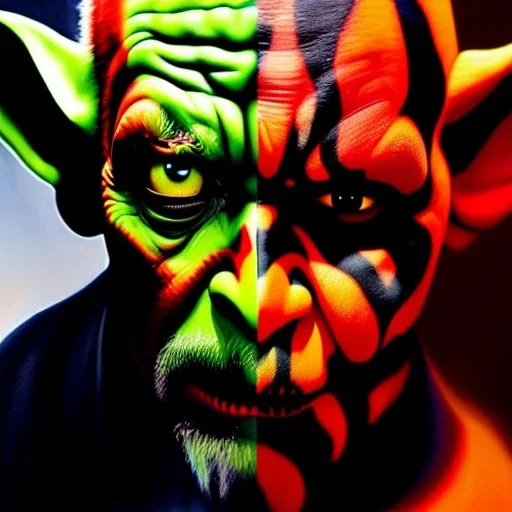 Ultra detailed fullbody Portrait in oil on canvas of Darth Maul merges Yoda ,intense stare,extremely detailed digital painting, extremely detailed face,crystal clear Big eyes, mystical colors ,perfectly centered image, perfect composition, rim light, beautiful lighting,masterpiece,8k, stunning scene, raytracing, anatomically correct, in the style of robert e howard and Ken Kelley and Ohrai Noriyoshi and Simon Bisley and tomzj1