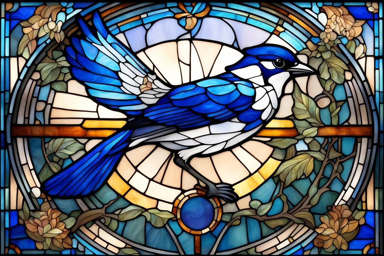 vitrail d'un geai bleu ailes déployées art déco d'après mucha