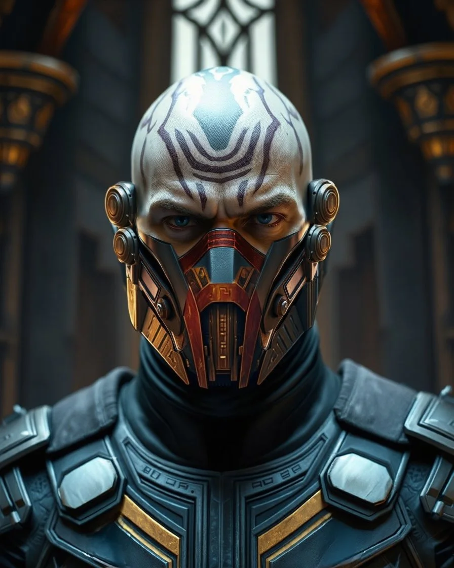 heavily scarred head bald male corellian jedi wearing gunmetal grey and black old republic armored flightsuit and breath mask with gold and metallic red trim inside the jedi temple, centered head and shoulders portrait, hyperdetailed, dynamic lighting, hyperdetailed background, 8k resolution, volumetric lighting, light skin, fully symmetric details