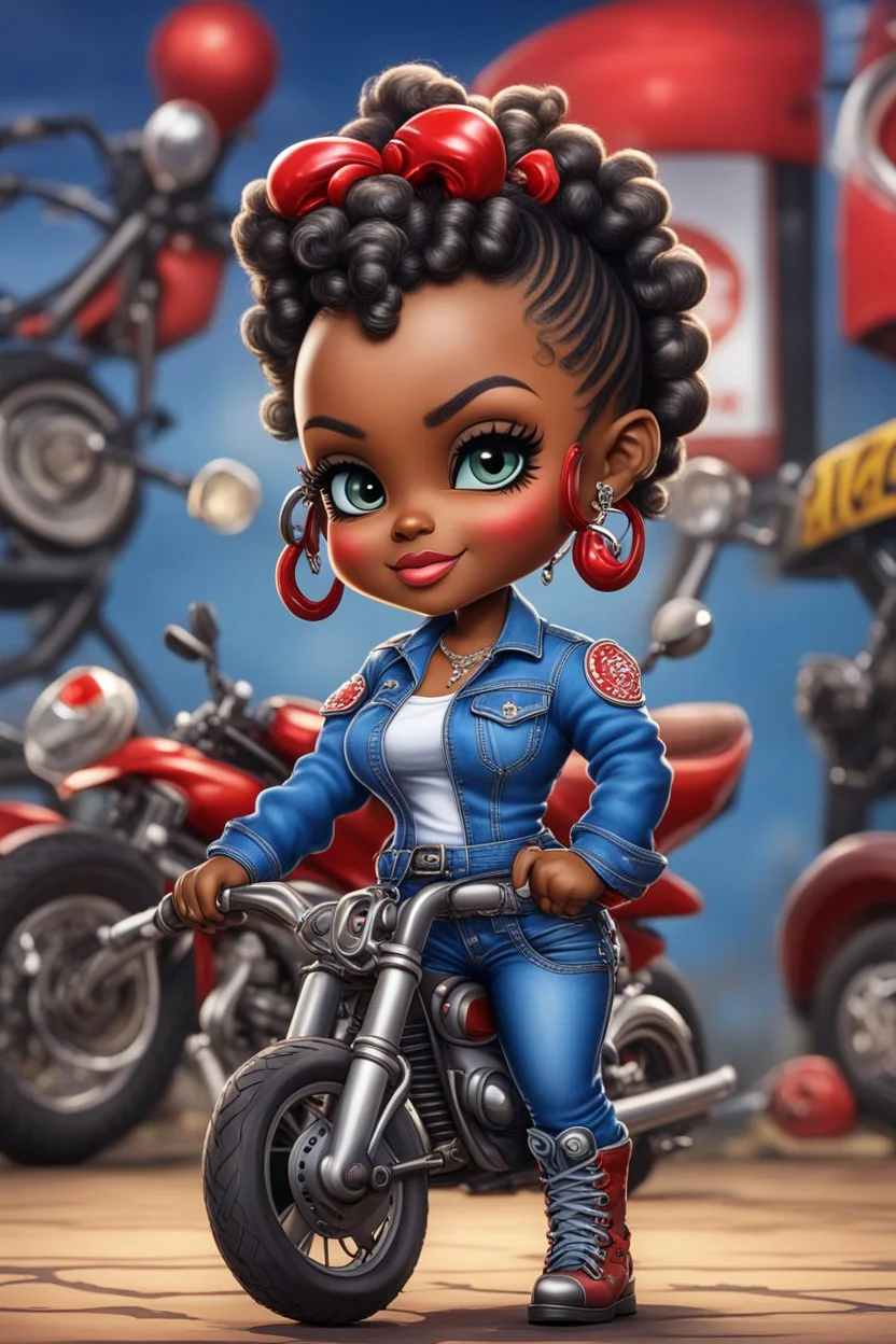 airbrush illustration of the chibi cartoon character, a voluptuous black female in a blue jean outfit with biker boots. Her prominent makeup and hazel eyes, along with her detailed red bantu knots, are featured in this image, set against the background of a lively bike show.