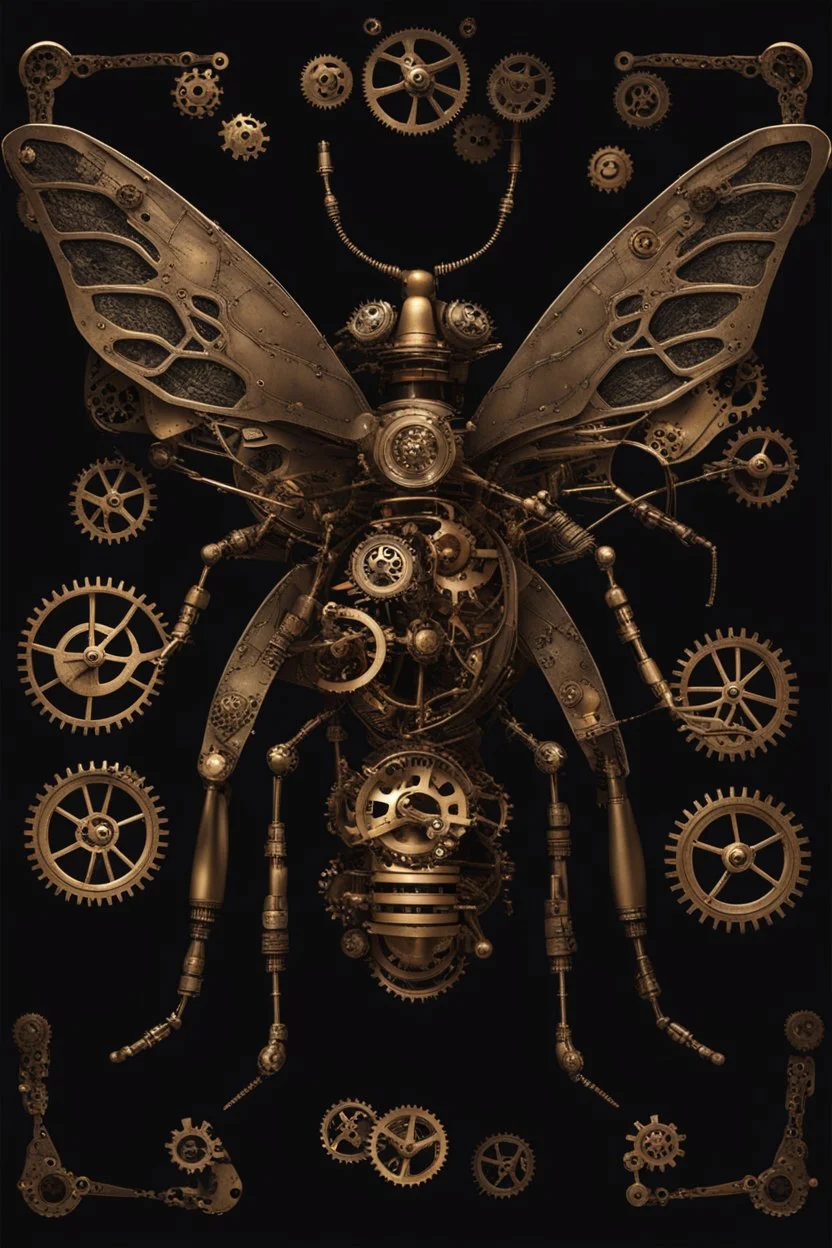 steampunk metal insect with wings, surrounded by cogs and springs, black background