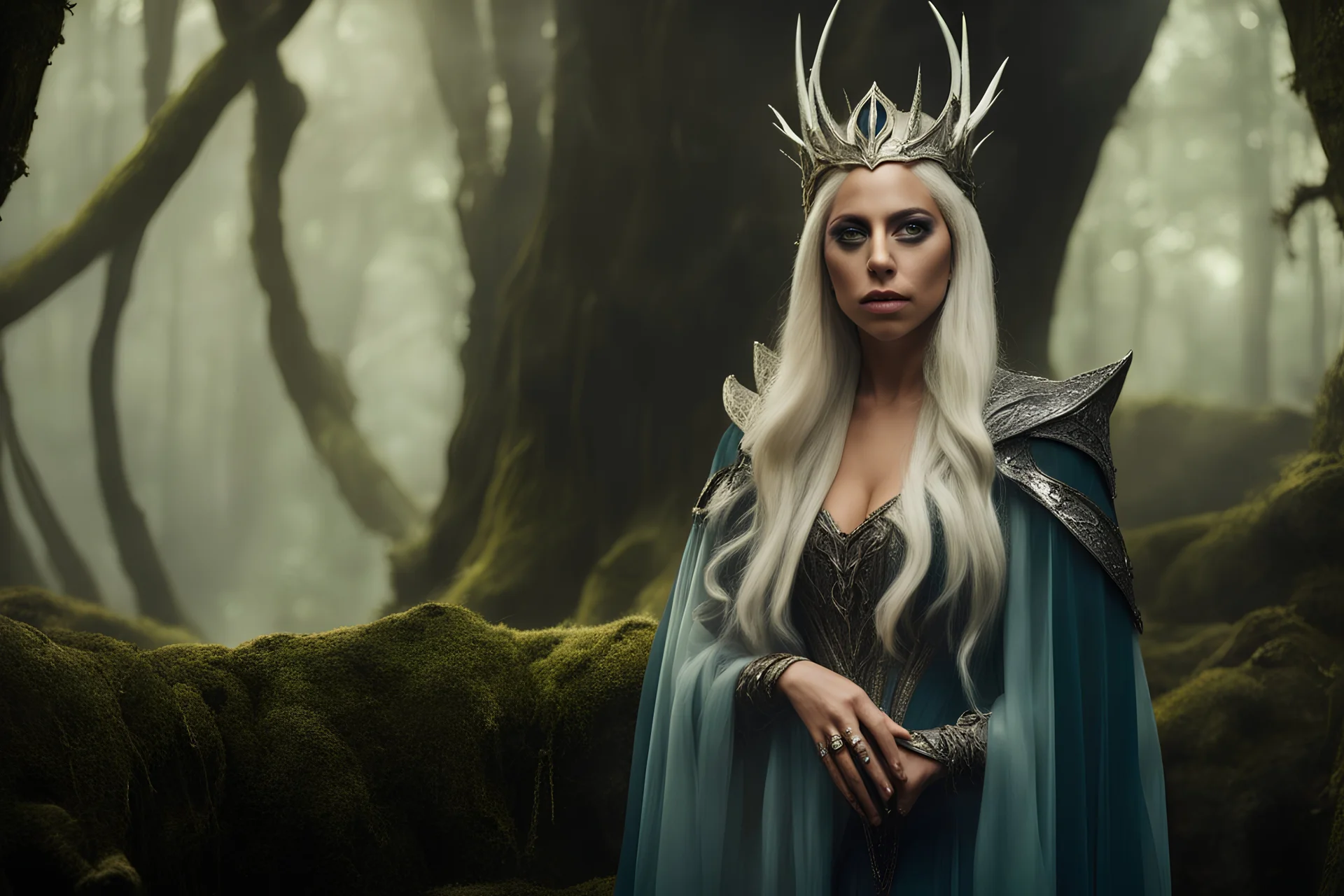 photo portrait of Lady Gaga as a high elf sorceress in a mystical forest, HD ultra high resolution, scientific detail, award winning photography, professional cinematic lighting