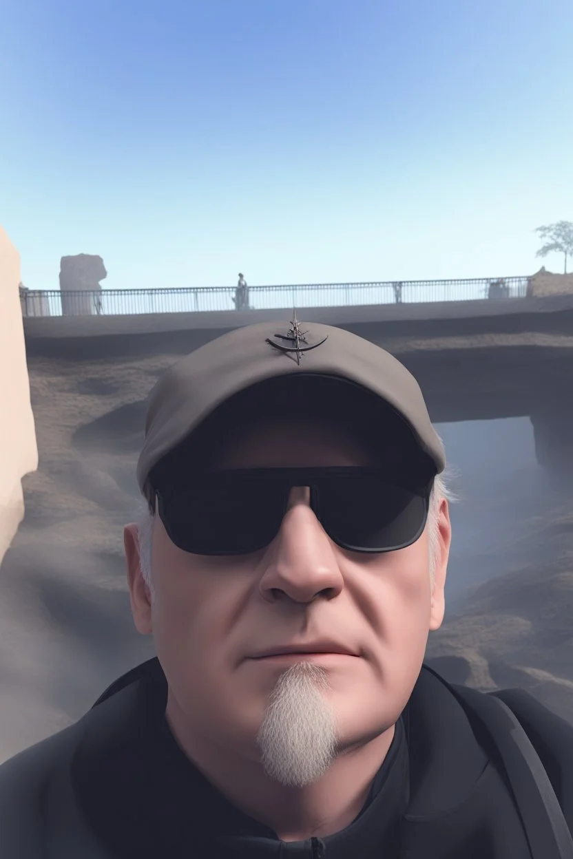A brutal man witj bold head. He is dressed in beige and black Christian clothes. A large red pendant in the form of a constellation.