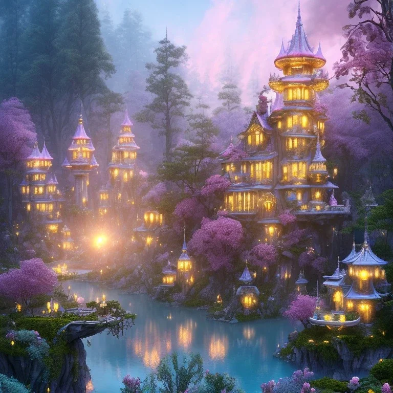 a magical flower yellow house in the woods, pink vertical, blue lake,sharp, vines, candlelit, endor, ornate, elegant, highly detailed, artstation, concept art, smooth, sharp focus, illustration, 8k, splash art, wallpaper, key visual