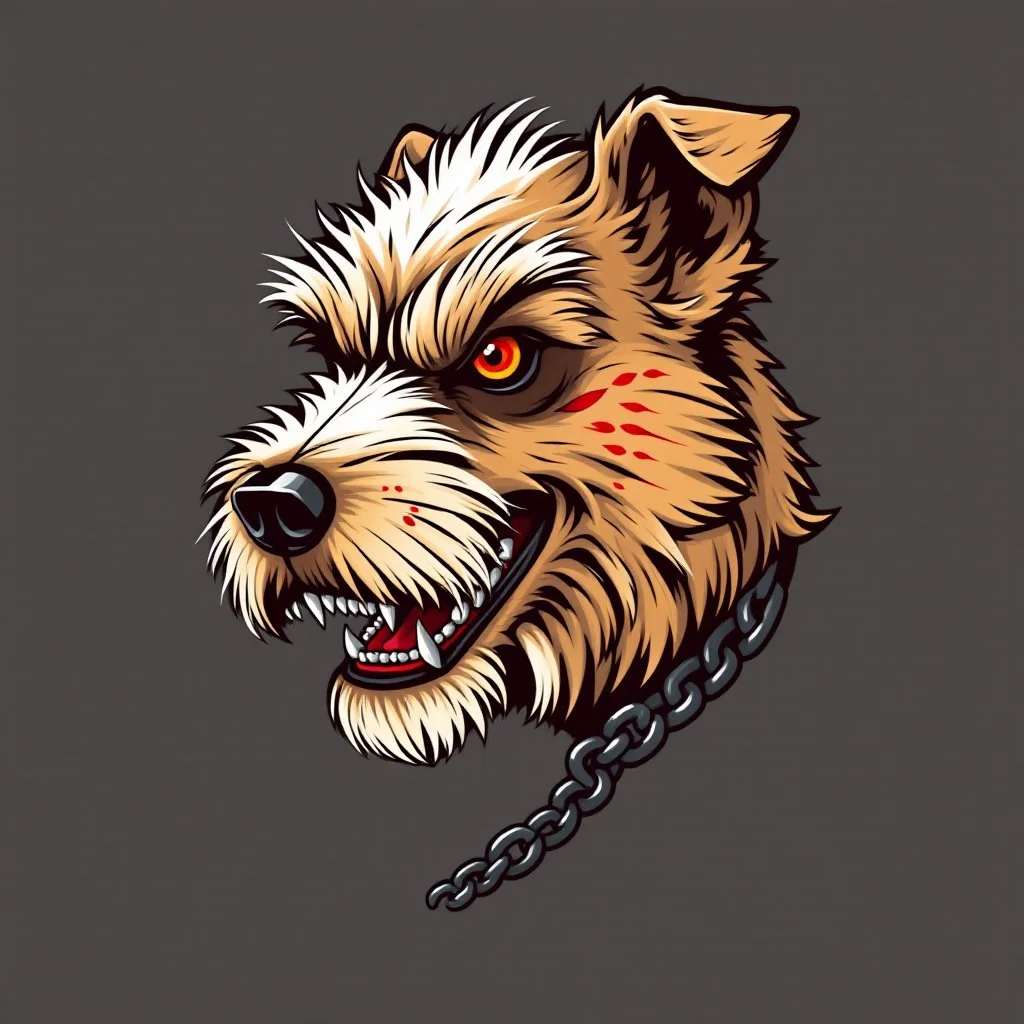 left facing head of angry Terrier dog with blood shot eyes and bloodied teeth and bushy fur, a ball chain collar around neck, a chain leash attached to collar, vector