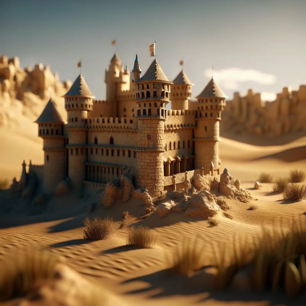 castle in the desert, photo-realistic, shot on Hasselblad h6d-400c, zeiss prime lens, bokeh like f/0.8, tilt-shift lens 8k, high detail, smooth render, down-light, unreal engine, downlight