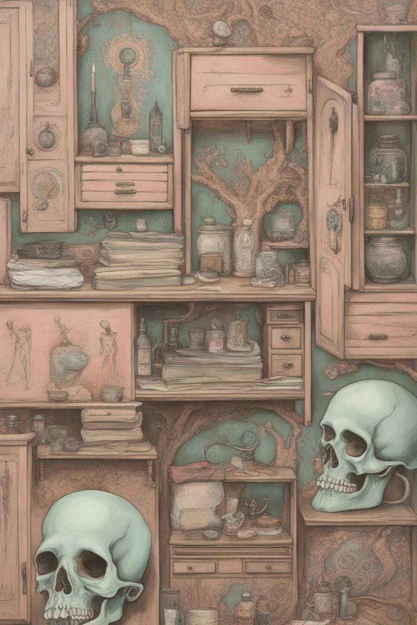 Cyberpunk cabinet of curiosities painted by Frida , unsane details, soft colors