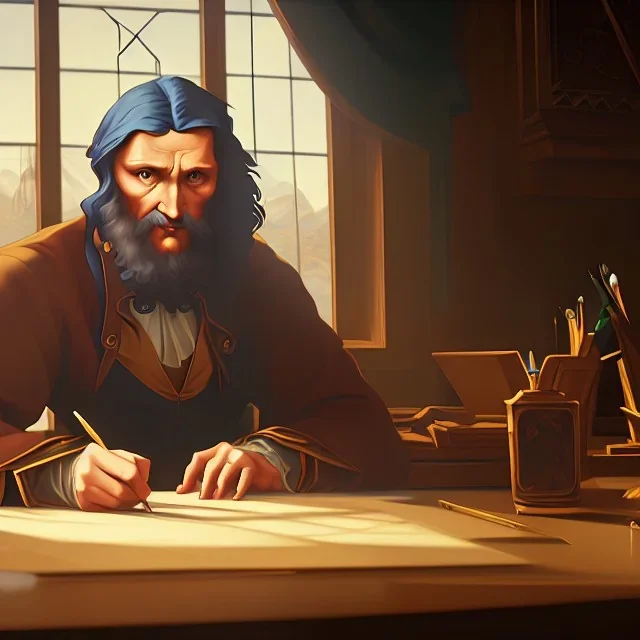 leonardo da vinci works in his study on a laptop at his desk. painting in photoshop. hyperdetailed, warm colors, movie poster, photoillustration, oil on canvas, lens flare