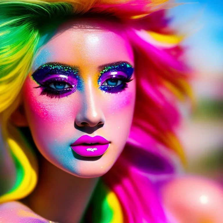 masterpiece, best quality, woman, sparkling eyes, fluorescent skin, colorful makeup, blond flutter hair, highly detailed body, sun light, 4K, RAW, depth of field, high contrast, realistic details, 24mm