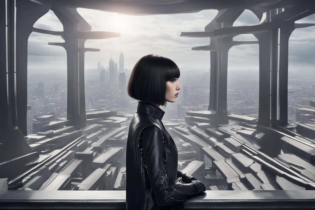 girl wearing black leather, shoulder-length bob, with fringe, in a science fiction building looking out over a large city