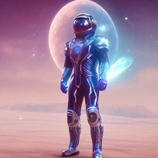 Full body ,Beautiful cosmic man, blue eyes, long blond hair, cosmic suit, galactic backdrop, soft lighting, hyper realistic, unreal engine 5, 16k