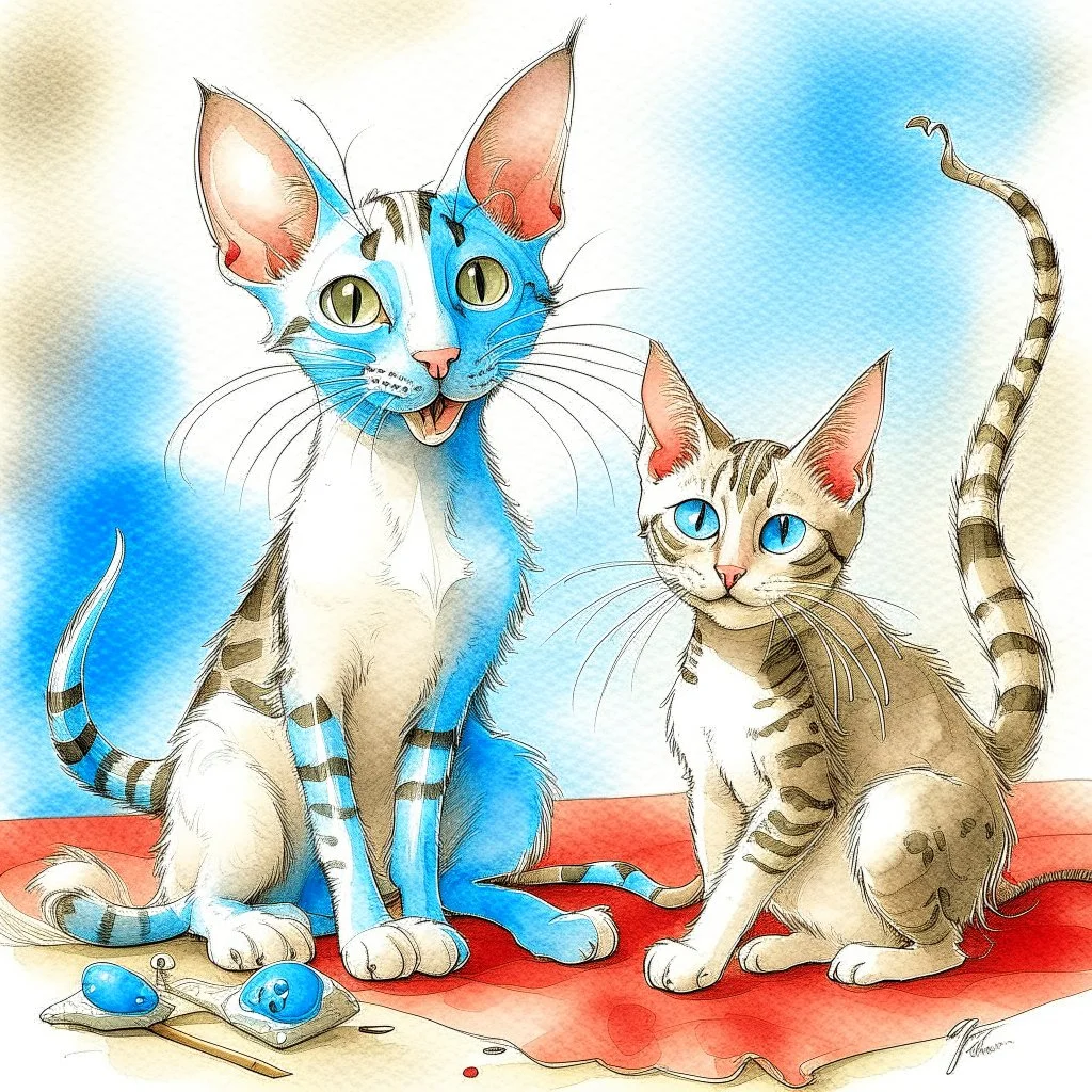Playful watercolor sketch of two expressive Cats . One blue eyed Oriental shorthair Siamese cat large, clutching a toy red polka dotted mouse, stands upright, mouth open in a comical pose, while a smaller green eyed Oriental Shorthair blue and white mackerel tabby cat with wide eyes sits below. Loose, gestural ink lines and soft watercolor washes overlay in a humorous scene. soft pastel cat bed with home background with subtle shading emphasizes the quirky funny characters in Chuck Jones style.
