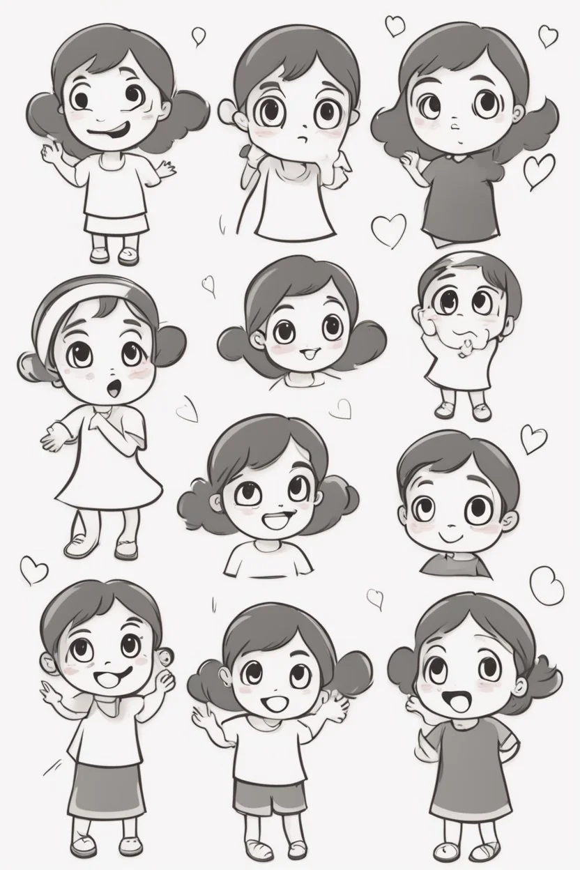 Little girl characters expressing different emotions, such as happiness, surprise, and curiosity. Use heart shapes to depict various facial expressions.,very happy , Colloring page for todlliers ; basic hawali style cartoon , black and white , ink outlines , , smooth , anime style , minimalist , cute eyes , full body , white shose , sketchbook , realistic sketch , free lines , on paper , character sheet , clean line art high detailed