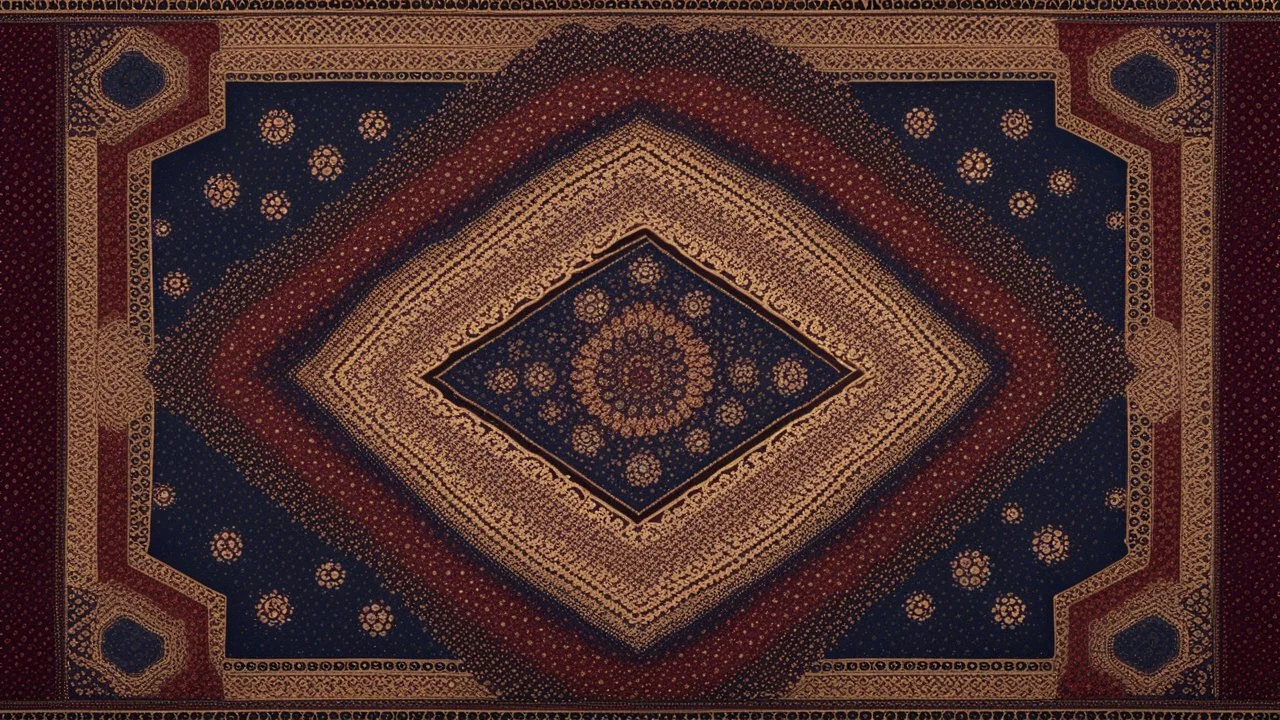 Front Symmetrical View Of Ethnic Cultural Pakistani Sindhi Ajrak Pattern. Using Colors Golden, Navy-Blue, Maroon And Black With a Hexagonal Shape In The Exact Center And Middle.