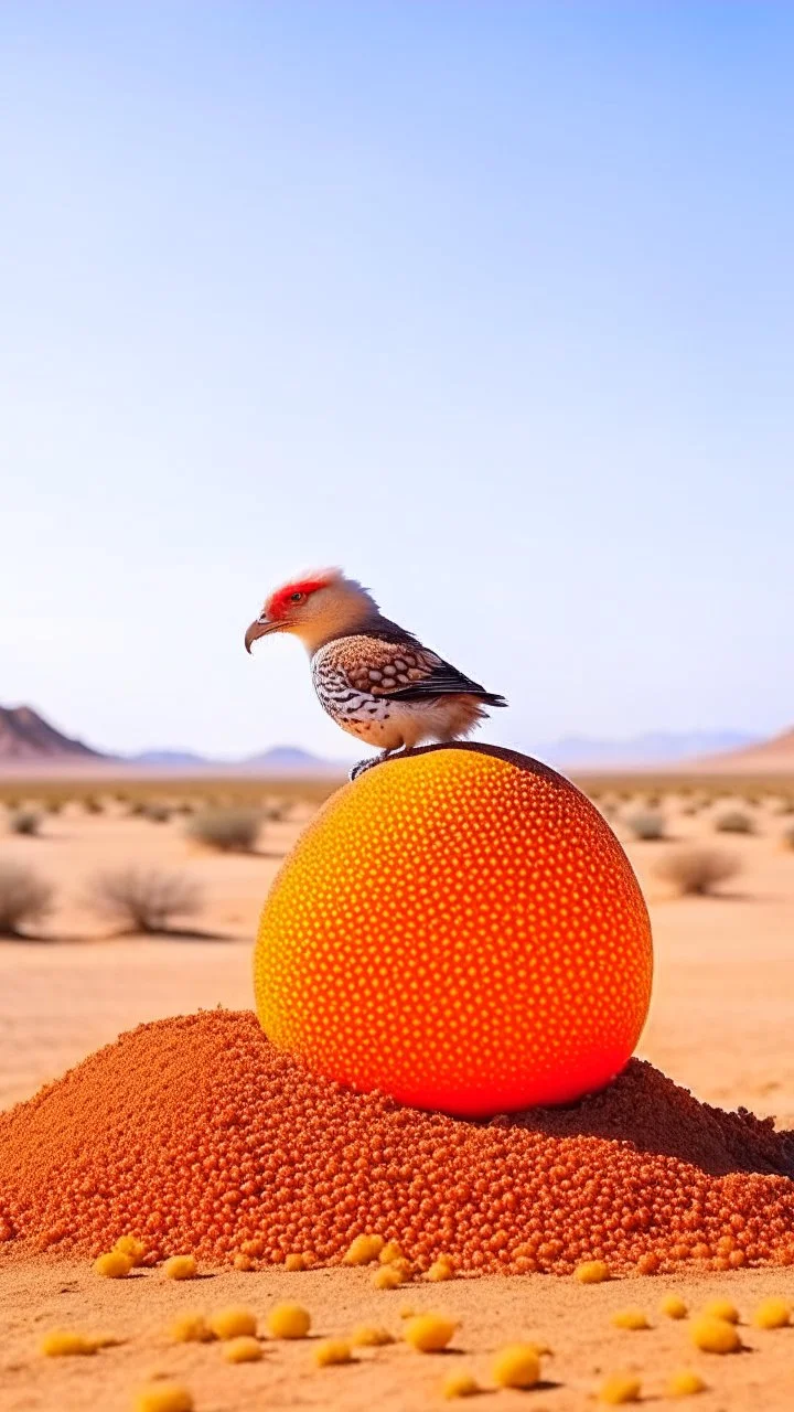 Giant egg resting on desert. Eagle eating from cracked egg