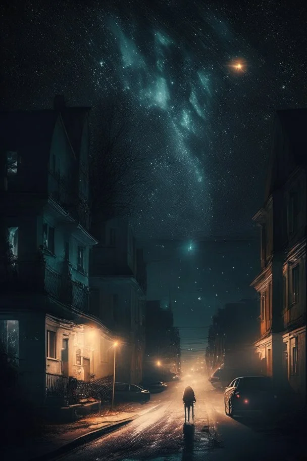 City, darkness, lamps, light, person, houses, stars, road, dim light, cars