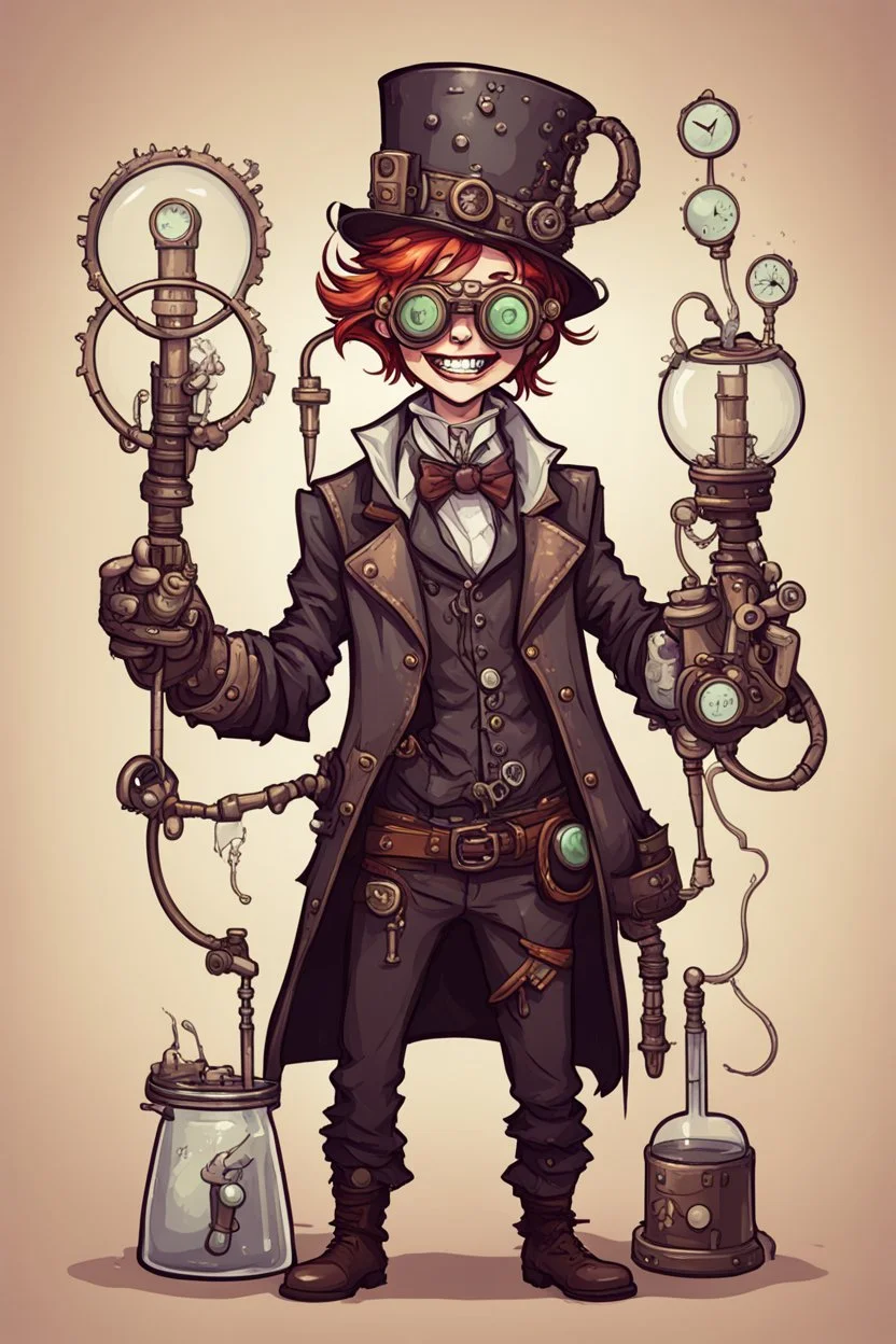 Crazy laboratory assistant with sickles in steampunk style, stardew valley style