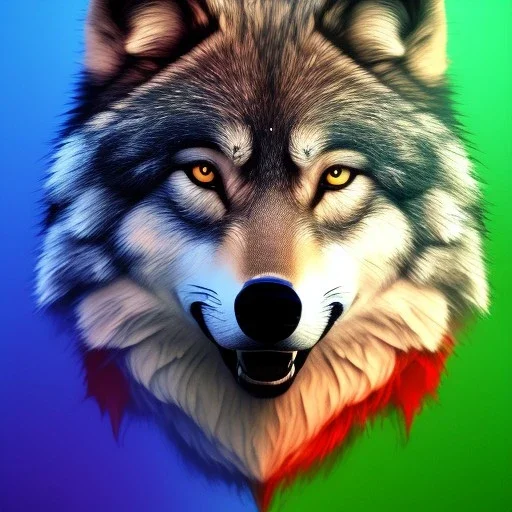 Wolf, red, orange, yellow, green, blue, purple, masterpiece, expert, 8K, hyperrealism, sharp focus, cinematic lighting