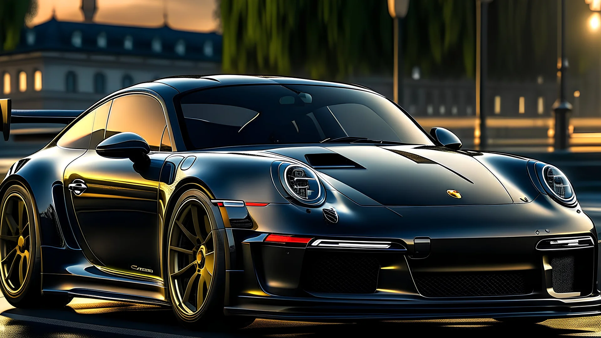 Image of a porsche GT3 922 , Jet Black colour . unreal engine , photorealistic , hyper realism , 4K , UHD , Studio Quality Lightning , Cinematic Scene In A Road .