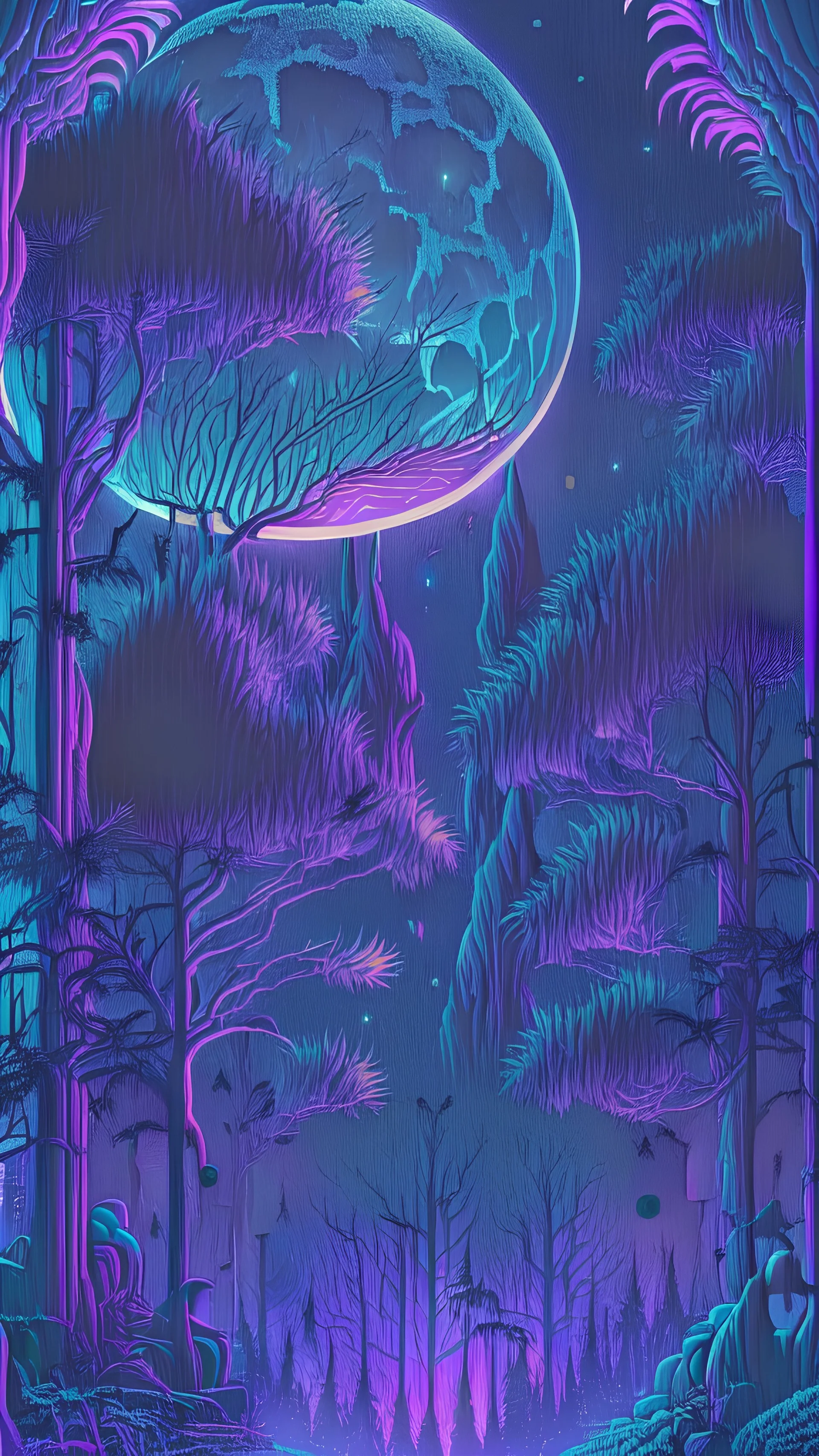 black night moon sky ,trippy tapestry Enchanted forest , 70's Retro synthwave poster , Sharp focus, High quality, Illustration, Highly detailed, , purple Neon color, Creative, 8K, Trending on Artstation,