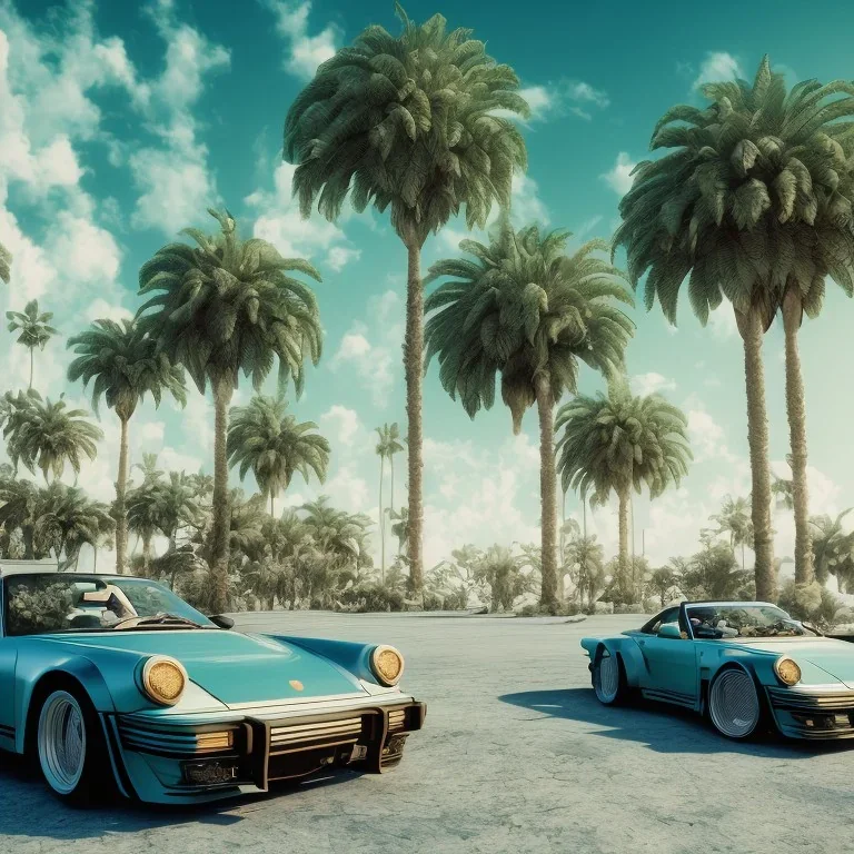 1980's aesthetic vaporwave palm trees and spheres and Porsche