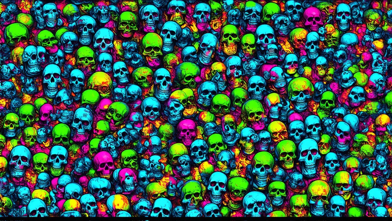 a field of 1000s of cartoonish, anatomically correct, skulls, vivid RANDOM BRIGHT neon colors, dark comedy, well lit, high detail, photorealistic, horrorcore, fun, scary, none featured, each a different color or hue,