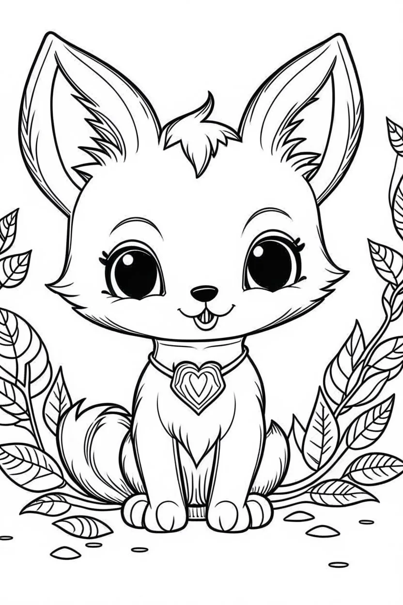 cute coloring page, sketch style, cute baby fox in the wood, cartoon, white and black, withe background, no shadows, outline.