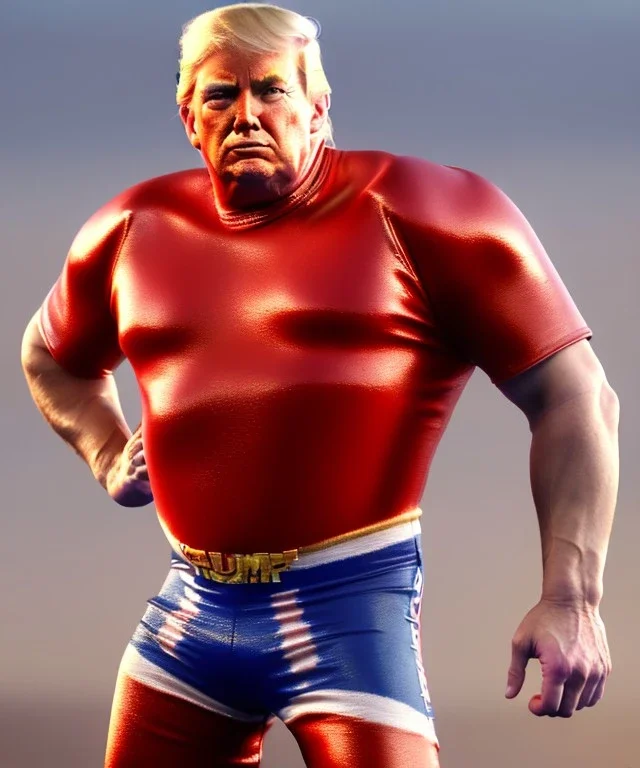 Realistic image of Donald trump wrestler, Mexican wrestling style, eye liner, red and blue breeches, glow us flag dress, suspenders, retro style, 80s, vibrant color, highly detailed, clean background, concept art, unreal engine 5, god rays, ray tracing, RTX, lumen lighting, ultra detail, volumetric lighting, 3d, finely drawn, high definition, high resolution.