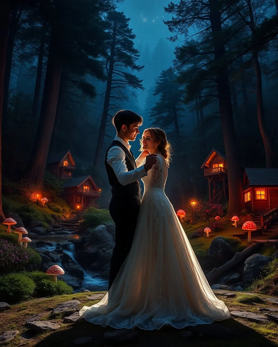 Close up Camera profesional Photography photoshoot Romance Wedding Couple Dancing in Wonderful landscape fantasy night photography art Rivendell land, darkness midnight magical forest and houses,beautiful light lamps,mushrooms,flowrs,little waterfall,river