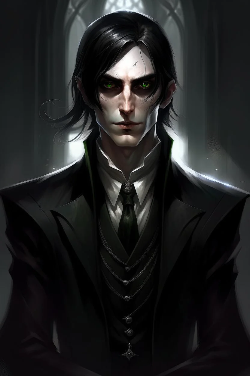 the dark butler, young elf with dark hair, dark clothes, shadow magic, expressive eyes