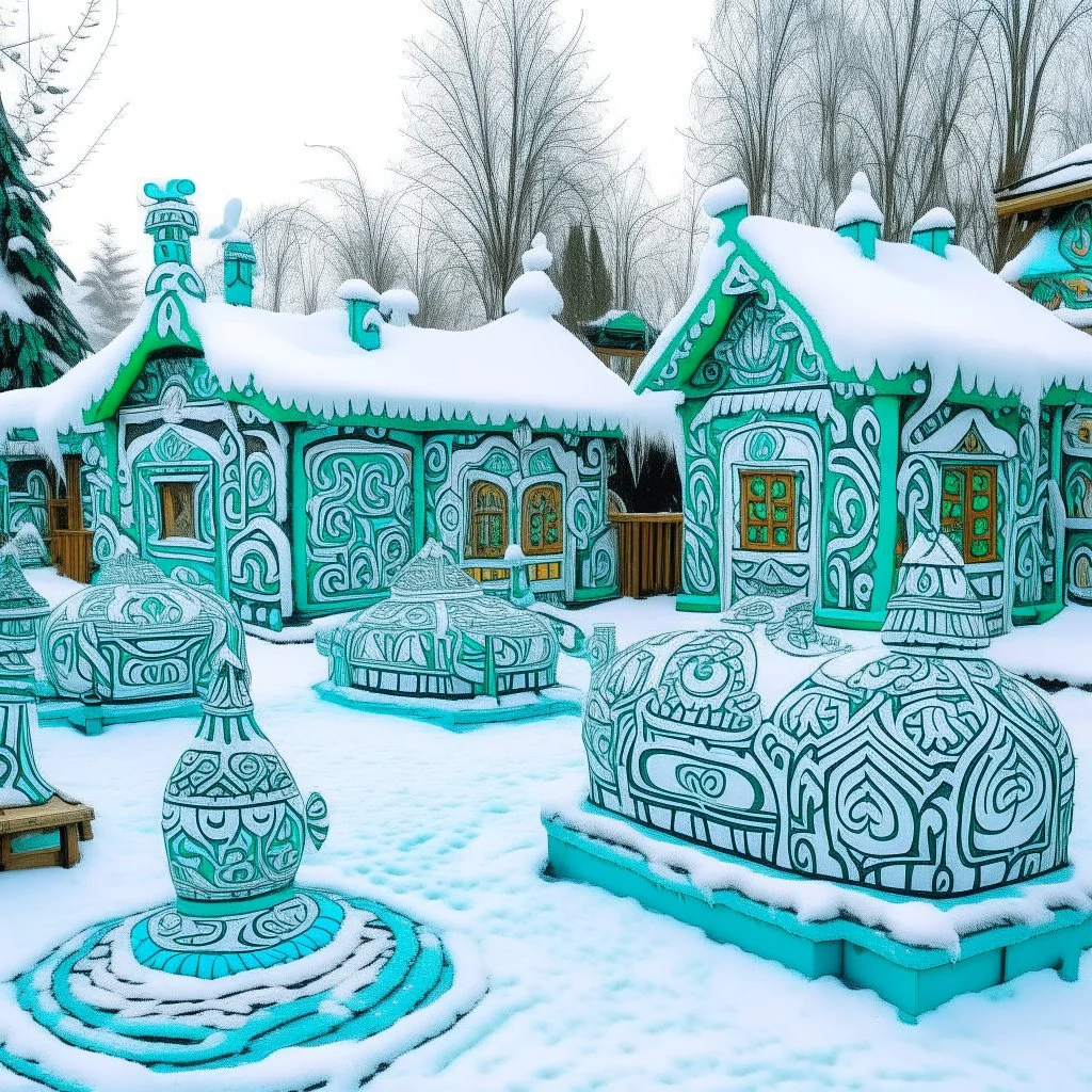 A mint colored snow covered Christmas themed Viking village designed in Mayan architecture painted by Keith Haring