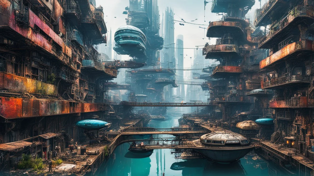 Water-level view of buildings made of reused dirty rusty metal on a futuristic canal junction, cyberpunk, many painted colours, flying boats, balconies, bridges, people, shopping, eating, walking, fifth element, ghost in the shell, altered carbon