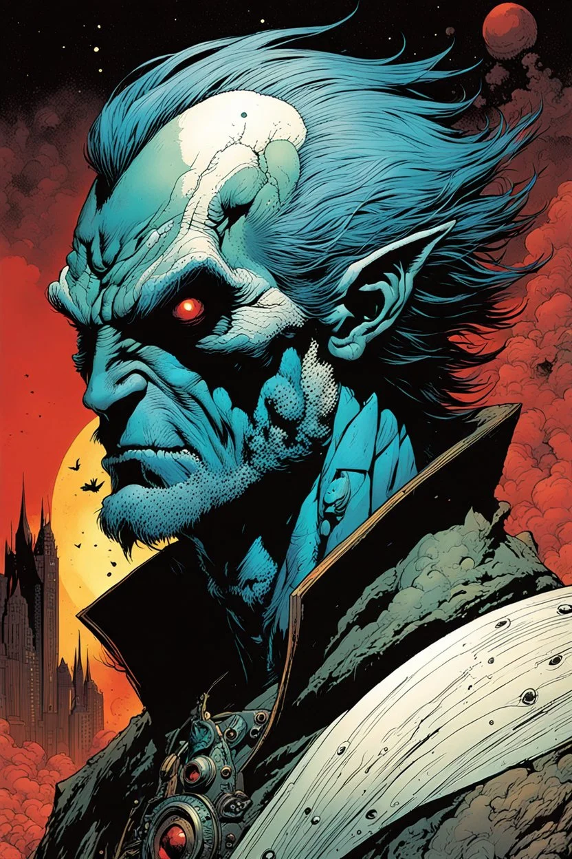 create an ethereal, otherworldly Ravnos ancient antediluvian vampire shape shifter , in the comic book art style of Mike Mignola, Bill Sienkiewicz, and Jean Giraud Moebius, with highly detailed facial features , finely inked , dramatic natural lighting