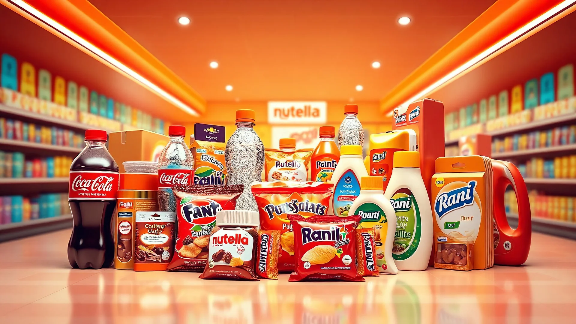 A 3D design of supermarket products such as soda, Coca-Cola, Fanta, mineral water, chocolate, packaged cakes, chips, puffs, Nutella, Rani, candy, shampoo, detergent with an orange, red, and white color theme in a special psychedelic space.