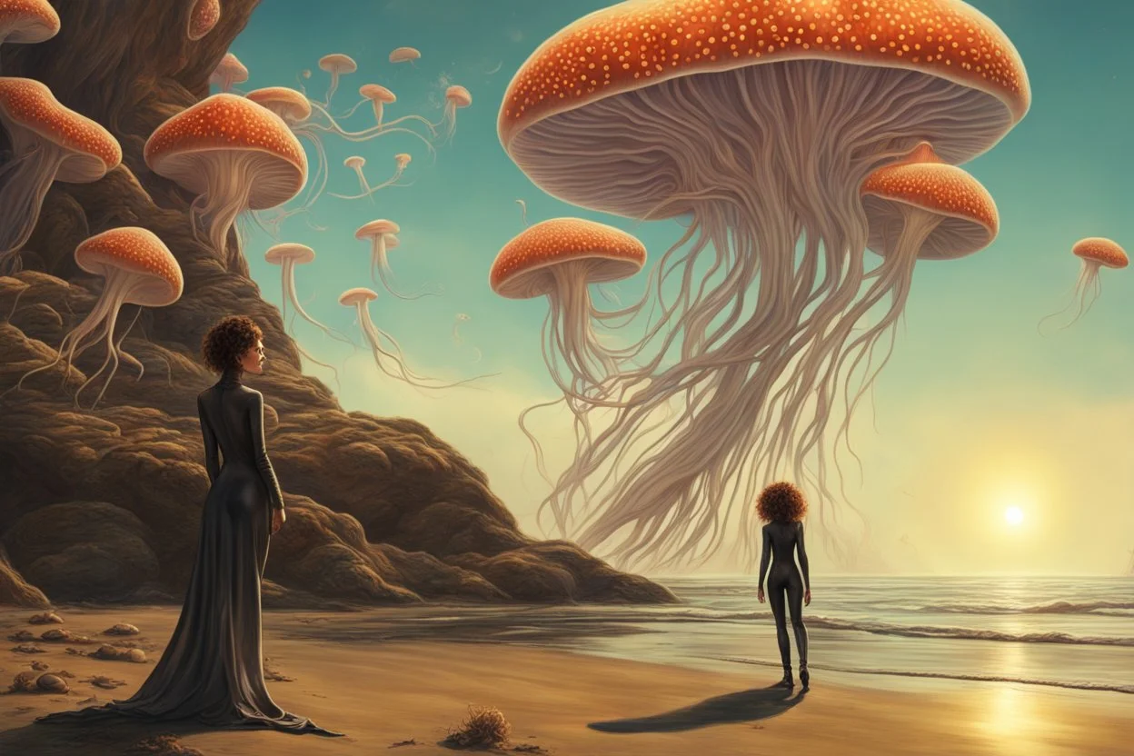 woman in a catsuit, standing on a beach of an alien world, watching mushrooms with jellyfish tentacles in the sky, photorealistic, Deep Colour, Fantastical, Intricate Detail, sunshine