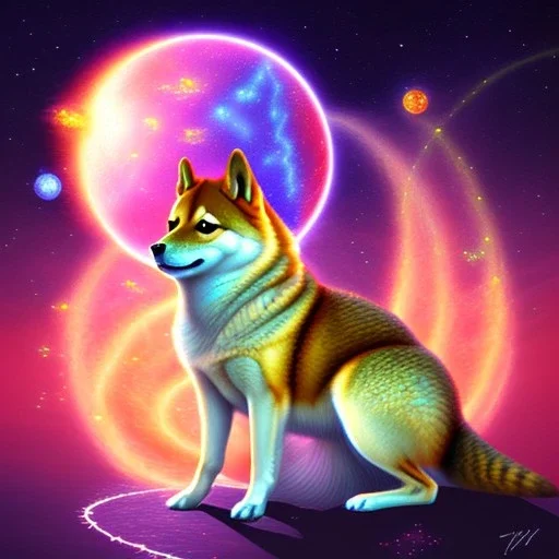 Pleiadean shiba inu doge with glowing orbs