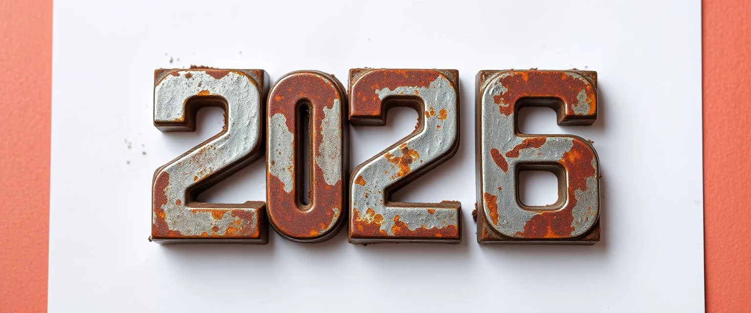 "2026" in squared block letters made of shiny and rusty metal on contrasting background